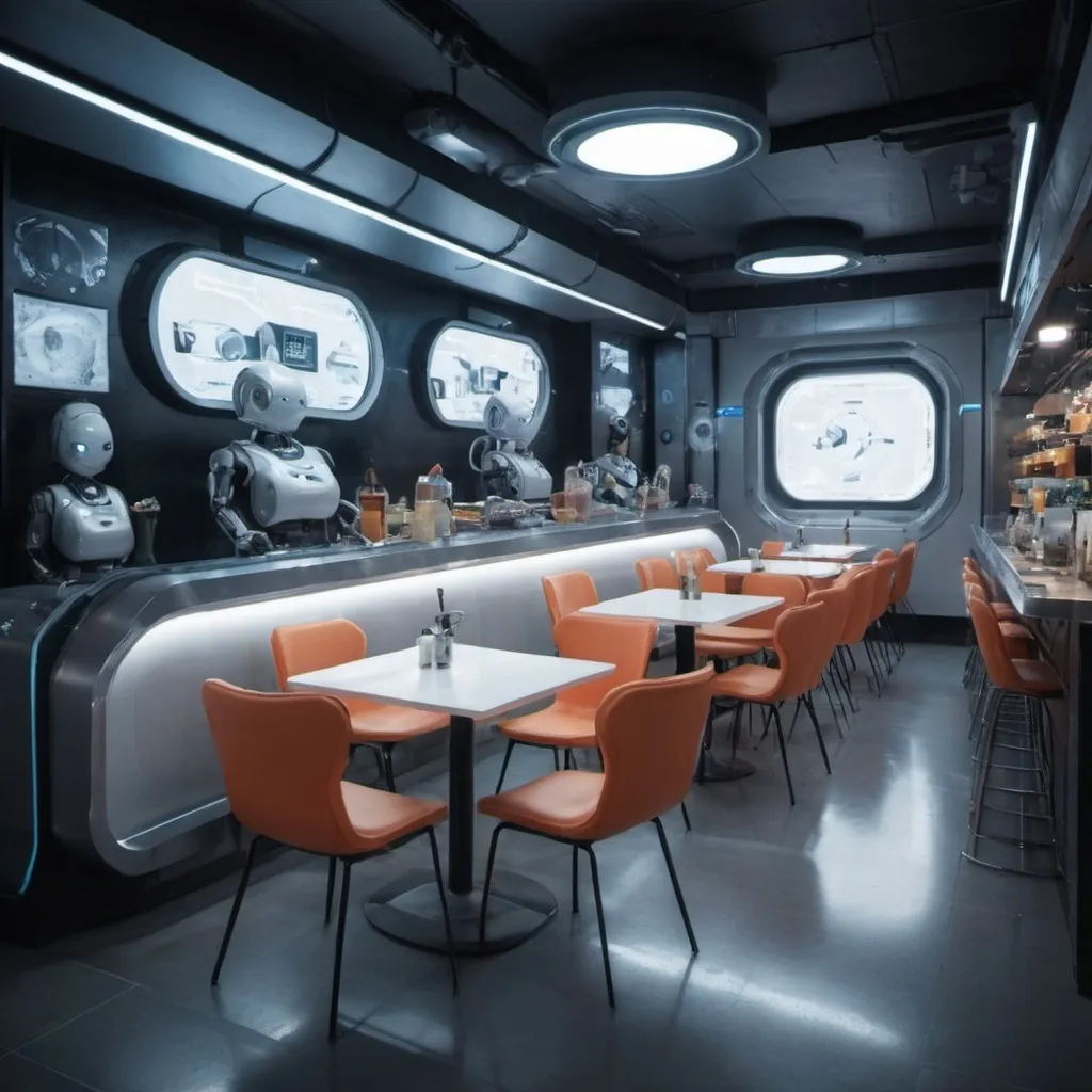 Prompt: A futuristic cafe with robots and futuristic technology.