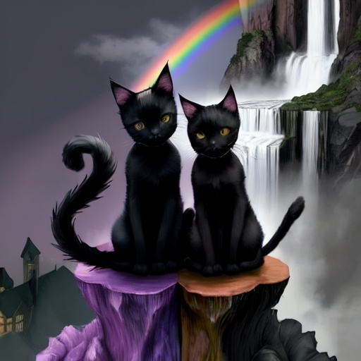 Prompt: A black cat with open wings and a shimmering rainbow outline. The cat is sitting on a cloud in the dead of night. In the background there is a waterfall. The cats two kittens, which are identical to the black cat but without wings, are sitting on both sides of the black cat. At the top of the photo is says Nightpelt in a swirly cursive.