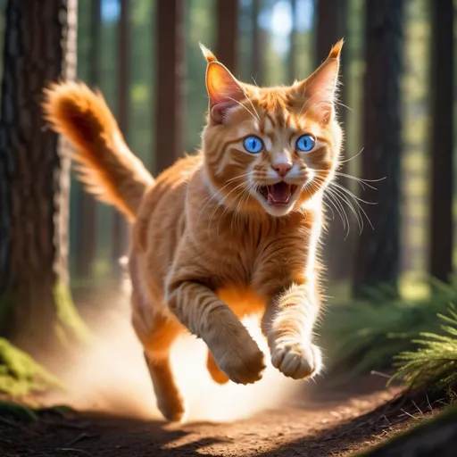 Prompt: young warrior cat with orange fur and blue eye running fast through the trees, away from viewer, rush, action, slight motion blur, lush pine forest