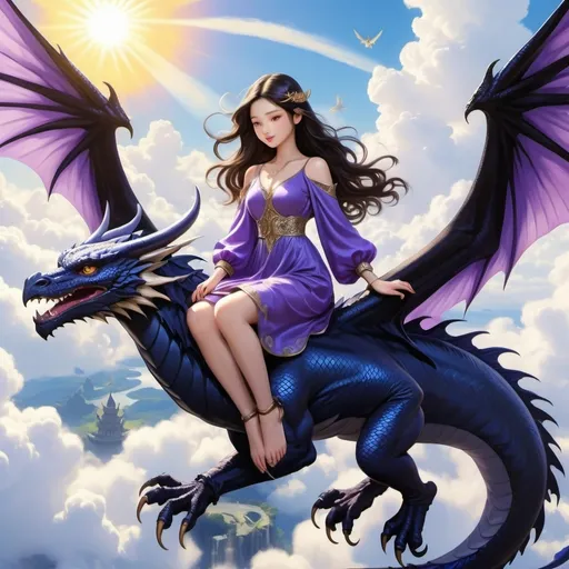 Prompt: A beautiful angel with folded white wings and dark hair sits on a dark blue dragon. She has a long, long sleeve royal purple dress on. The girl and dragon soar through the clouds. In the girls lap is a dark tabby cat. The sun shining down on the dragon girl a cat. A black raven is flying next to them. 