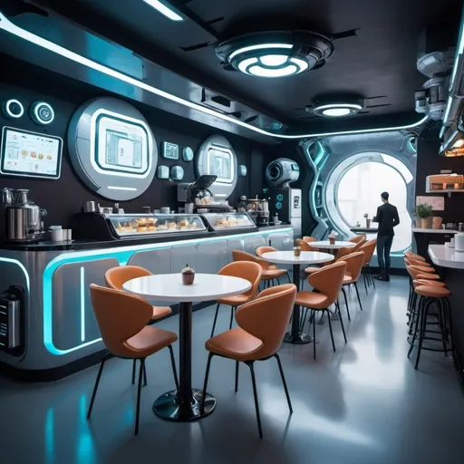 Prompt: A futuristic cafe with robots and futuristic technology.