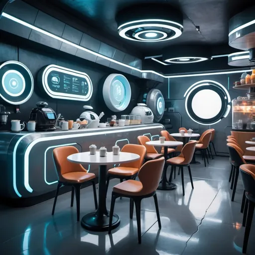 Prompt: A futuristic cafe with robots and futuristic technology.