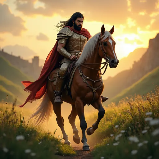 Prompt: ,"A powerful Persian warrior named *Rustam*, 30 years old, inspired by the legendary hero of the Shahnameh. He has a strong, mature face with visible  long black hair and streaks of  black in his thick beard, showing wisdom and experience. He wears traditional ancient Persian armor decorated with intricate patterns,  His body is muscular and heroic, radiating strength and  nobility ,  riding a mighty reddish warhorse named Rakhsh, with a brick-red (reddish chestnut) body and a long, flowing silver mane and tail, through a lush green valley at sunrise. Behind him, distant towers of Samangan fade in the golden mist. Rostam looks determined yet contemplative, returning toward the Iranian border. The scene is bathed in soft warm light, with wildflowers, gentle hills, and a dramatic sky.