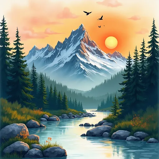 Prompt: "A mountain landscape in watercolor style, with snow-capped peaks, an orange sunset sky, lush pine forests, a flowing river with reflections, and a few birds in flight. Vibrant colors and a peaceful atmosphere."