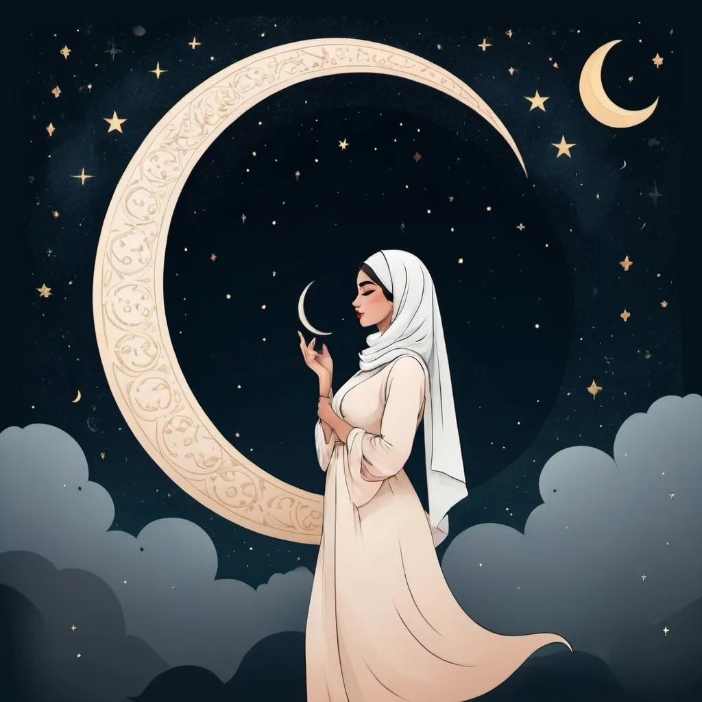 Prompt: Draw in graphic design Arabic women holding a half moon in the night with clouds and stars