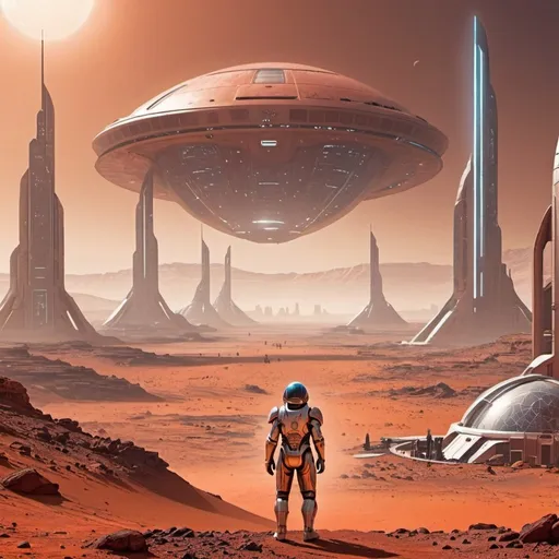 Prompt: "A futuristic city on the horizon of Mars, with a person standing before it in sci-fi armor."