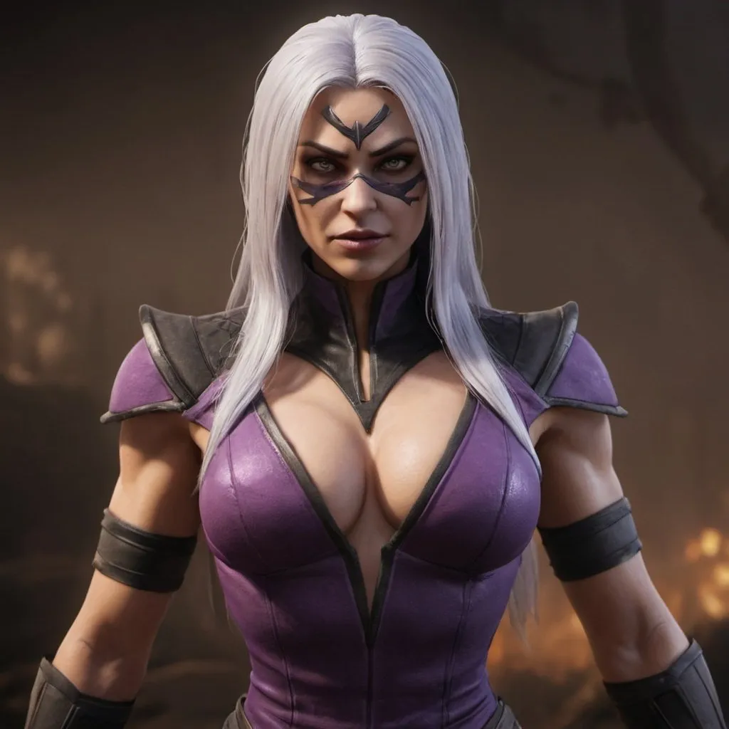 Prompt: Mortal Kombat 11 Sindel, with friendly face, muscular body, thight legs and big chests