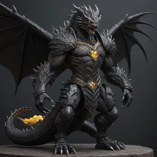 Prompt: Humanoid dark black dragon with huge muscles, thight legs in heavy engraved iron armor and he has yellow eyes