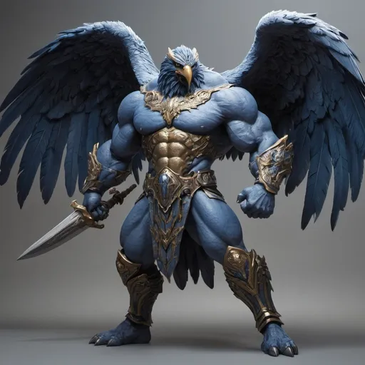 Prompt: Humanoid muscular giant Blue Eagle Monster Titan, heavy engraved tungsten armor, Shield in the left hand, Longsword in the right hand, wide shoulders, huge biceps, long thicc muscular legs, giant ABS and pecs, stretching, Eagle head