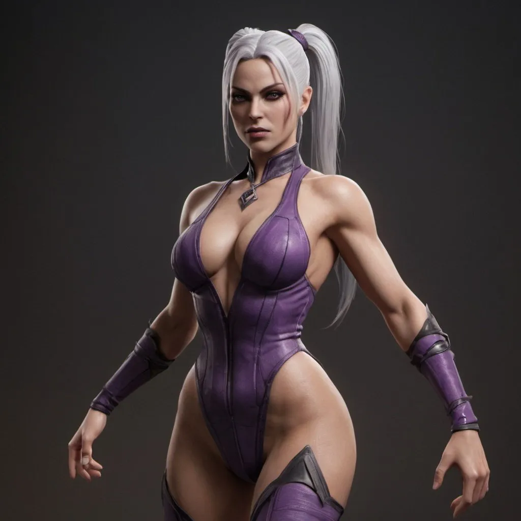 Prompt: Mortal Kombat 11 Sindel, with friendly face, muscular body, thight legs from back