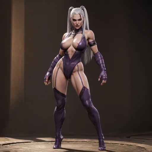 Prompt: MK11 Sindel with muscular thight body, thight big legs and huge chests