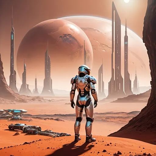 Prompt: "A futuristic city on the horizon of Mars, with a person standing before it in sci-fi armor."