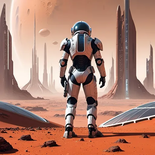 Prompt: "A futuristic city on the horizon of Mars, with a person standing before it in sci-fi armor."