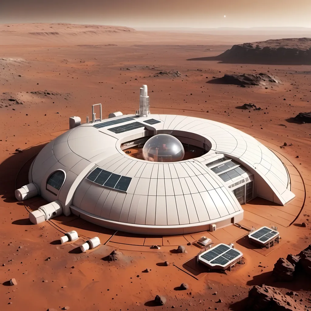 Prompt: Big futuristic laboratory from the outside, on the Mars