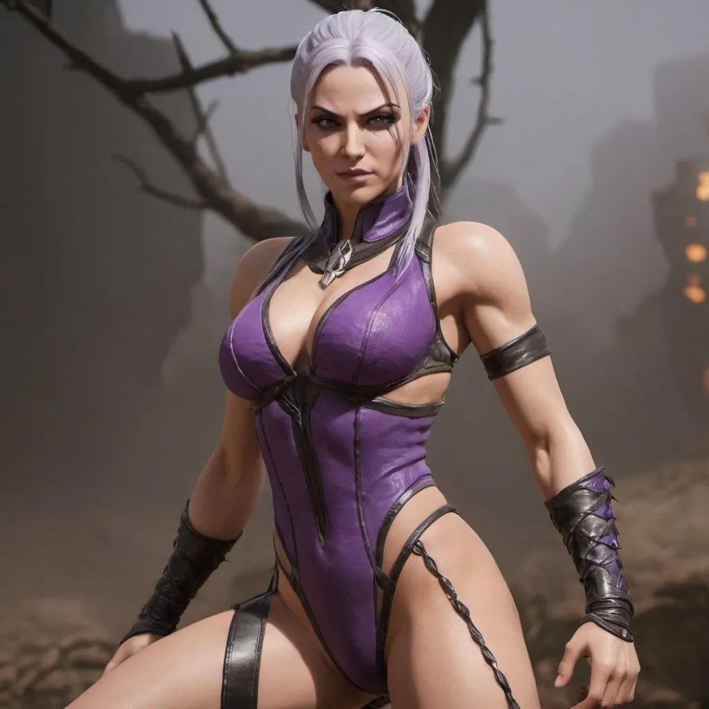 Prompt: Mortal Kombat 11 Sindel, with friendly face, muscular body and thight legs