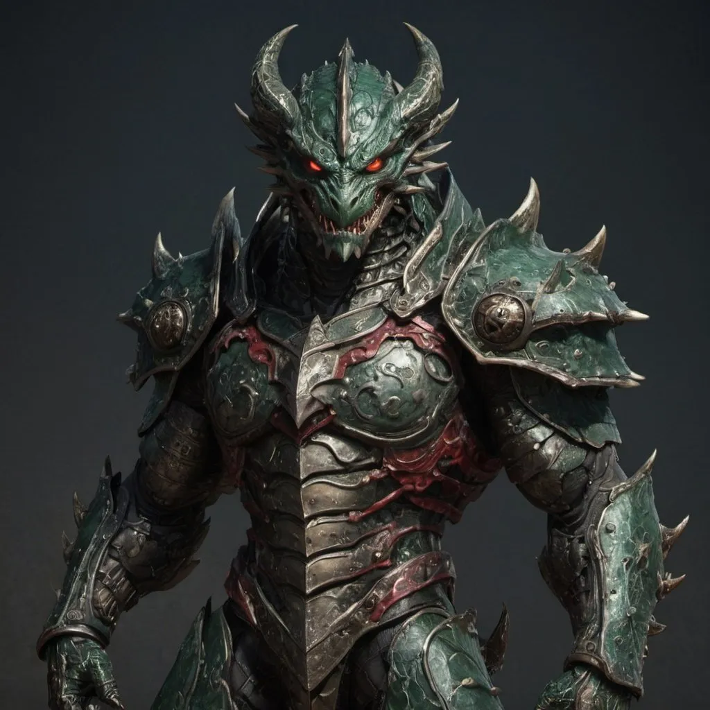 Prompt: Humanoid dark green dragon with huge muscles in heavy engraved iron armor and red eyes 