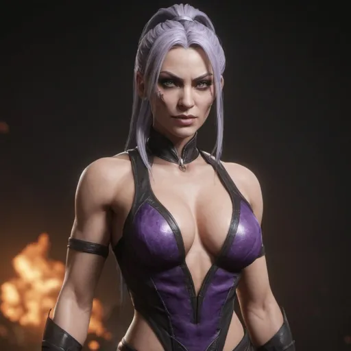 Prompt: Mortal Kombat 11 Sindel, with friendly face, muscular body, thight legs and big chests