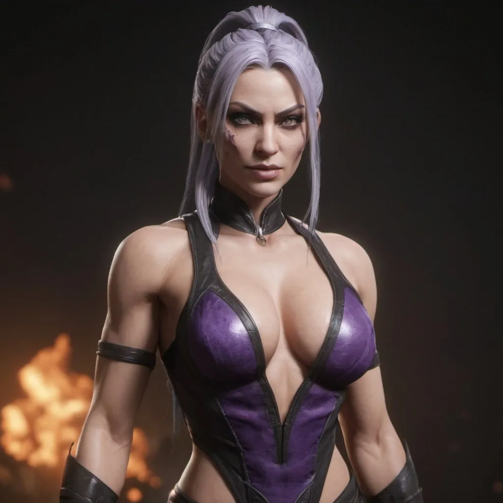 Prompt: Mortal Kombat 11 Sindel, with friendly face, muscular body, thight legs and big chests