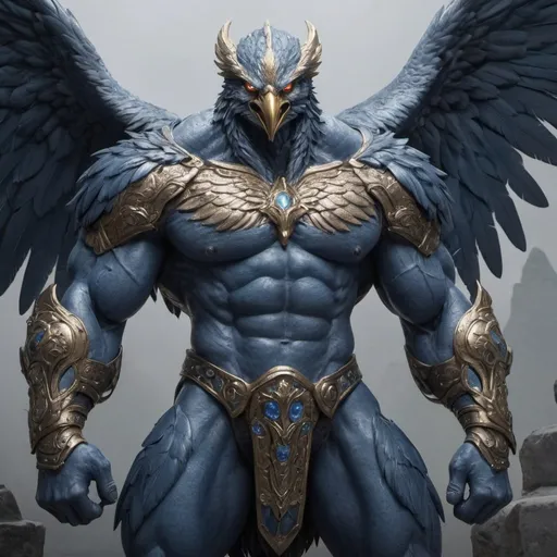 Prompt: Humanoid muscular giant Blue Eagle Monster Titan, heavy engraved tungsten armor, Shield in the left hand, Longsword in the right hand, wide shoulders, huge biceps, long thicc muscular legs, giant ABS and pecs, stretching, Eagle head