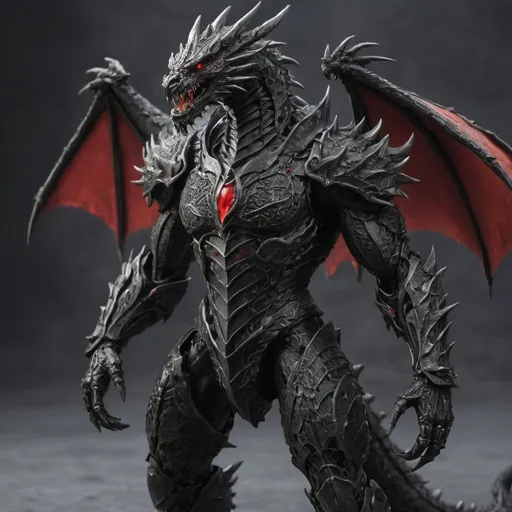Prompt: Humanoid dark black dragon, with red eyes, muscular robust body, strong legs, in médium engraved steel armor