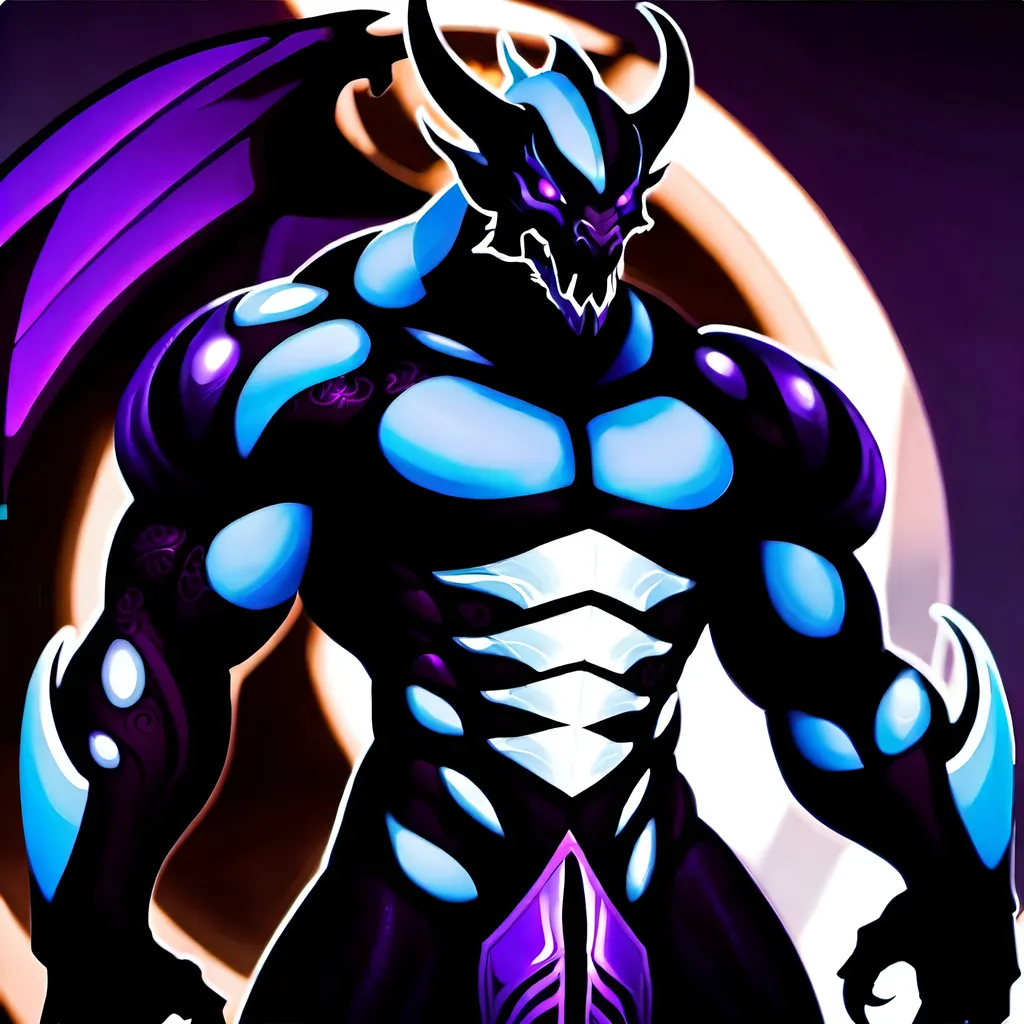 Prompt: Humanoid dark black-purple dragon with big muscles and purple eyes. He is wearing heavy engraved armor.