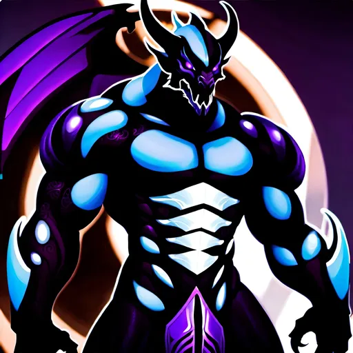 Prompt: Humanoid dark black-purple dragon with big muscles and purple eyes. He is wearing heavy engraved armor.