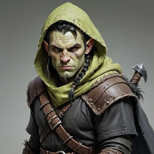 Prompt: half orc pale green skin lightly scarred cloaked black hair shaved sides and single braid viking style in a shrouded hood and mask