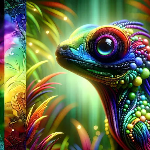 Prompt: A vibrant, colorful character with large, expressive eyes, resembling a blend of a lizard and a fantasy creature. The character has a beaded texture all over its body, with colors transitioning smoothly from green to blue, to purple, to yellow, and to red. It has intricate, almost gem-like patterns that sparkle under soft light. The setting is a lush, magical forest with glowing plants and a whimsical atmosphere.
