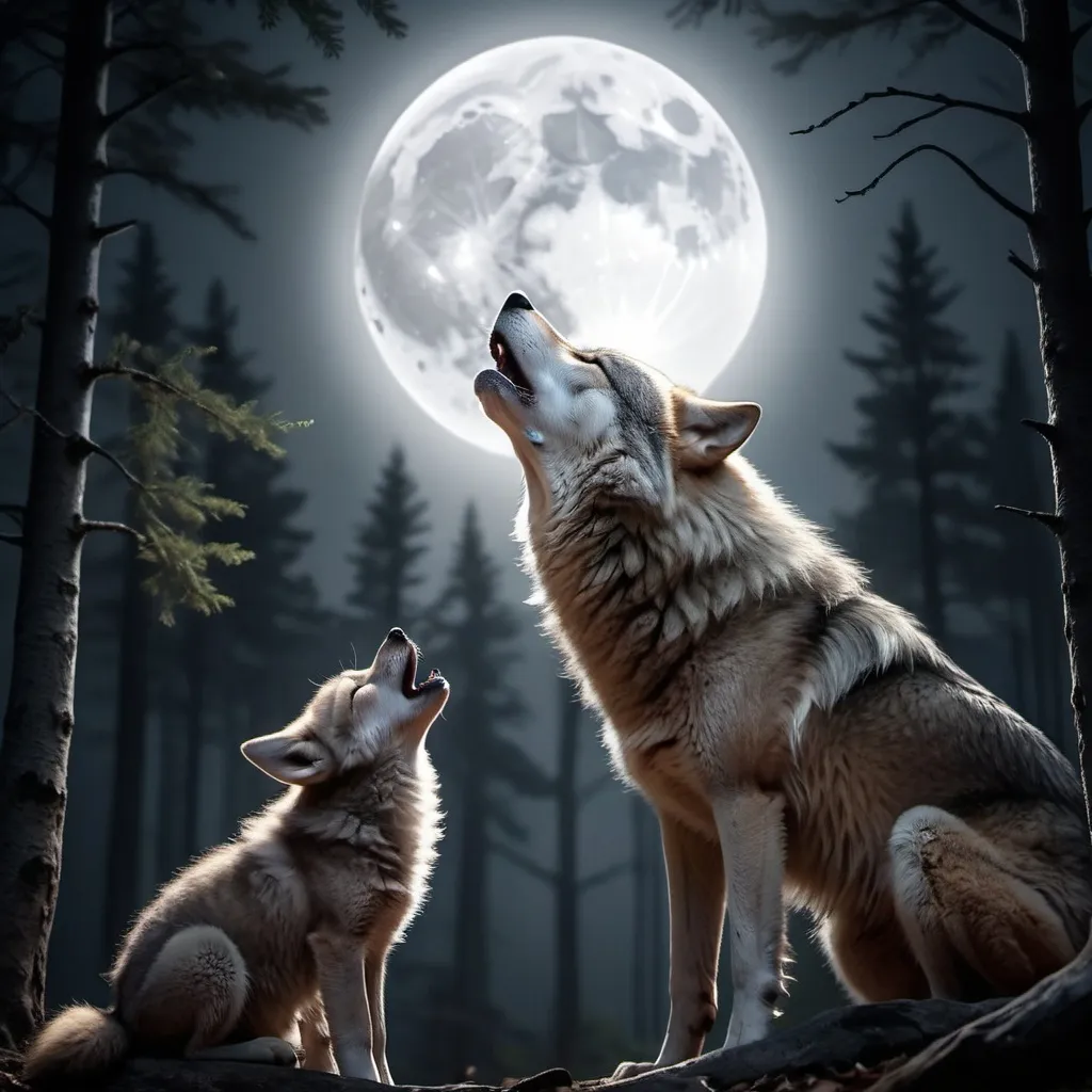 Prompt: Wolf mom and wolf cub howling at the full moon, emotional connection between the mother and her cub, capturing the bond of nature’s nurturing spirit, Forrest, 