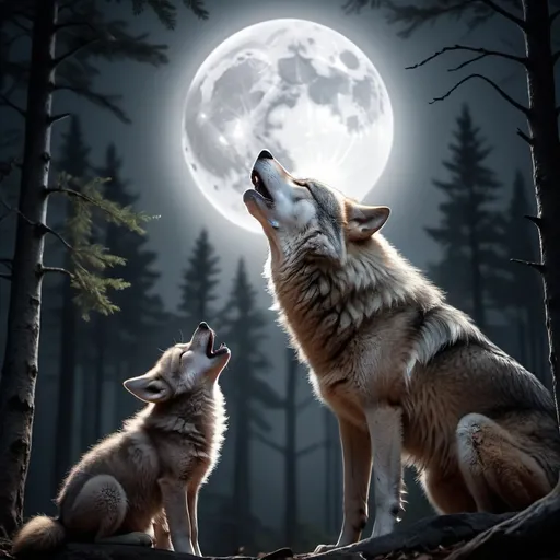 Prompt: Wolf mom and wolf cub howling at the full moon, emotional connection between the mother and her cub, capturing the bond of nature’s nurturing spirit, Forrest, 