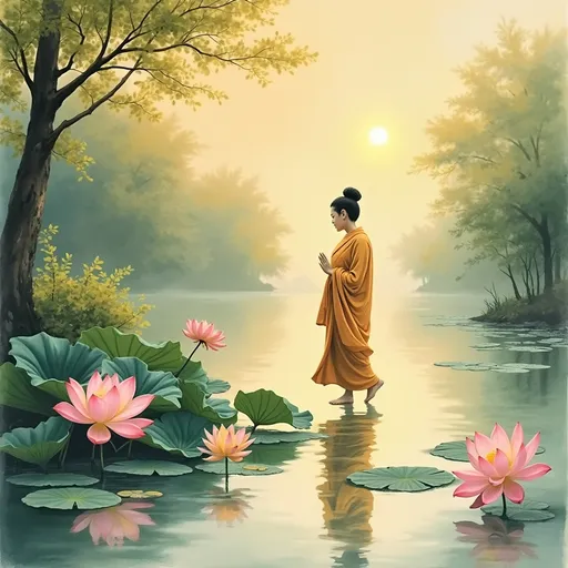 Prompt: Một bức tranh tĩnh lặng theo phong cách Phật giáo cổ điển, Đức Phật trong tư thế từ bi, bước đi nhẹ nhàng trên mặt sông phẳng lặng, xung quanh là hoa sen và ánh sáng vàng dịu. Phong cách hội họa màu nước truyền thống Á Đông