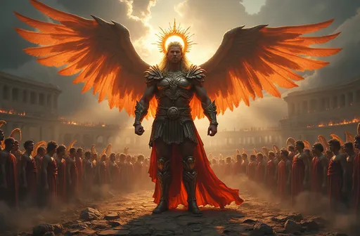 Prompt: Lucifer in ornate Roman general armor, muscular build, fiery halo, addressing a crowd of conflicted angels in a shattered celestial colosseum, dark storm clouds brewing above.”