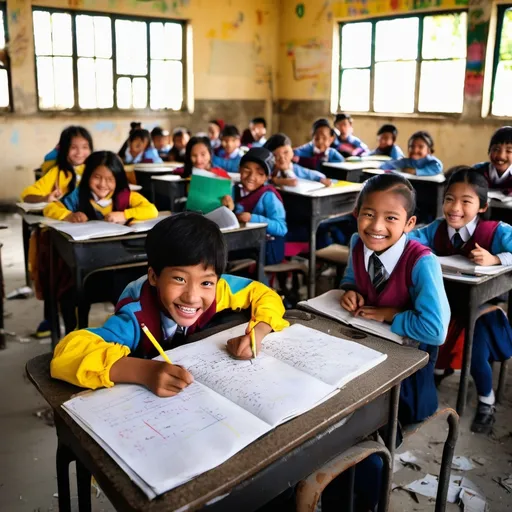 Prompt: several elementary school students were studying with happy faces in an abandoned classroom