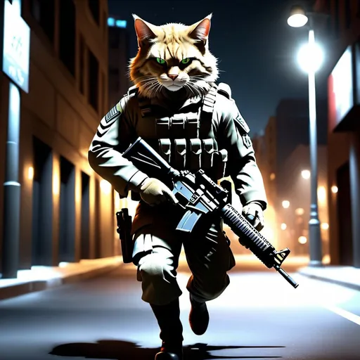 Prompt: Realistic military cat walking with a gun, city street, dramatic lighting, Carlos Catasse inspired, fur details, photorealistic, computer graphics, military outfit, street light glow, intense gaze, weapon in hand, detailed fur, city setting, nighttime, best quality, highres, ultra-detailed, realistic, military, street scene, intense lighting