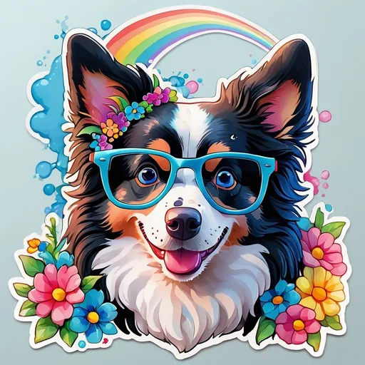 Prompt: SOLID background, SHARP FOCUS of A Detailed kawaii watercolor of a Cute Border Collie HEAD wearing blue GLASSES, Floral Splash, Rainbow Colors, Redbubble Sticker, Splash In Vibrant Colors, 3D Vector Art, Cute And Quirky, Adobe Illustrator, HandDrawn, Digital Painting, LowPoly, Soft Lighting, Bird'sEye View, Isometric Style, Retro Aesthetic, Focused On The Character, 4K Resolution,