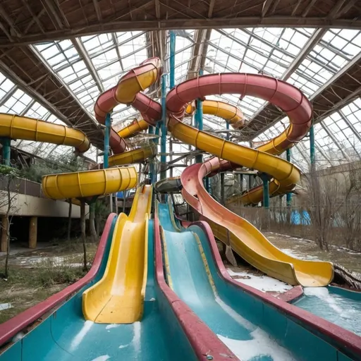 Prompt: An indoor abandoned waterpark with very twisty slides 