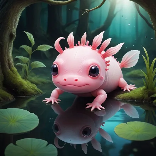 Prompt: An cute axolotl in a pond in a enchanted forest