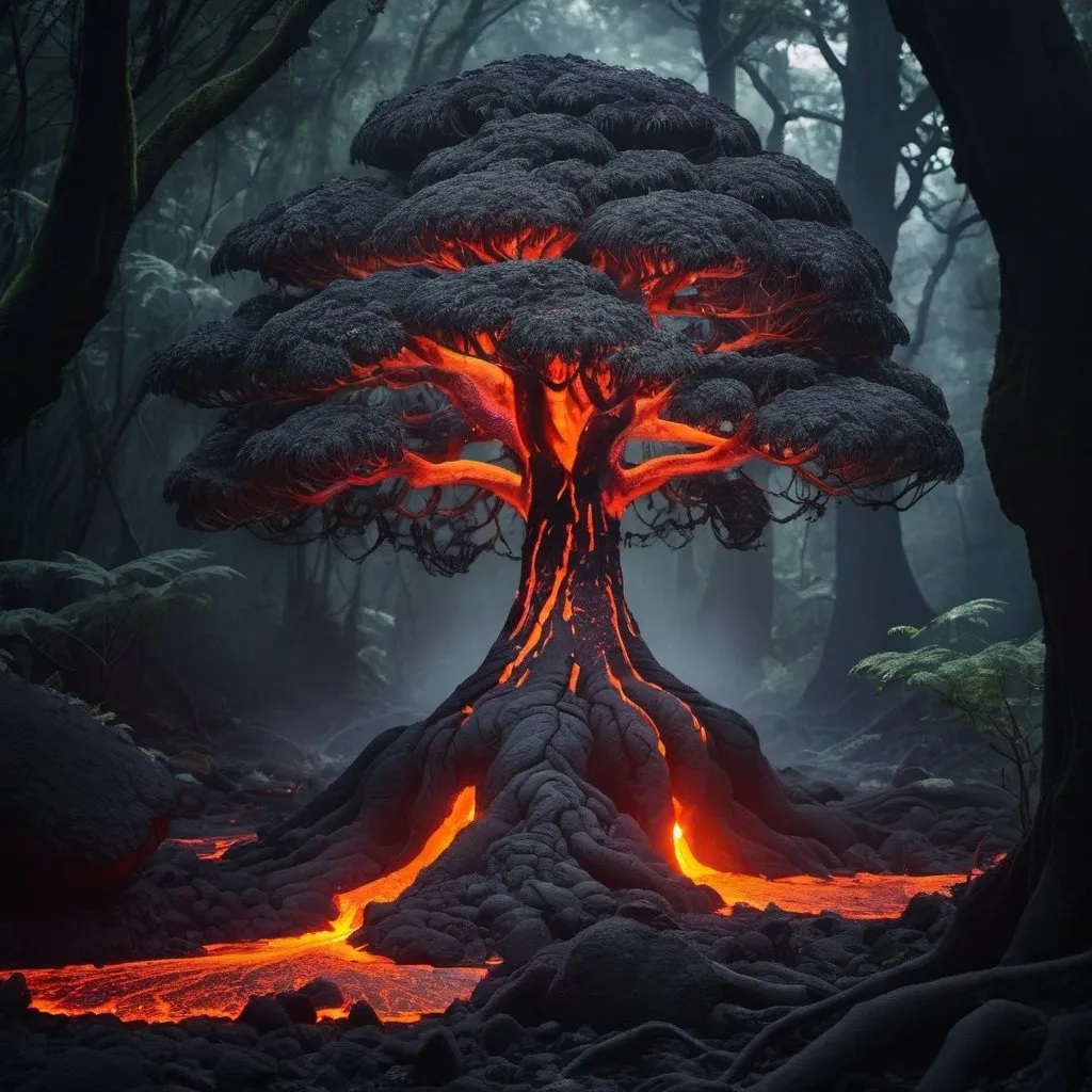 Prompt: A lava tree in a dark enchanted forest
