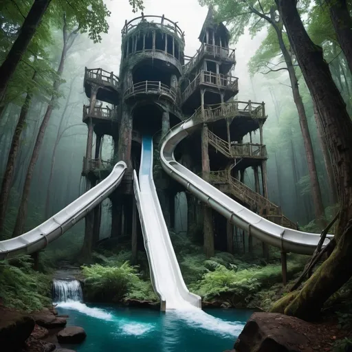 Prompt: A giant Ruin water slide in the middle of a dark enchanted forest