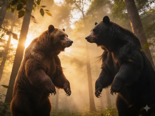 Prompt: Cinematic wildlife video of two powerful wild bears standing in a dense Indian forest clearing at sunrise. Golden sun rays passing through tall trees, light fog moving slowly. Camera slowly pushes in toward the bears from a wide angle. Leaves gently blowing in the wind. Both bears stare confidently at each other, subtle breathing movement visible in chest and shoulders, fur slightly moving in breeze. Ultra realistic, National Geographic documentary style, natural ambient forest sound, smooth steady camera movement, shallow depth of field, 4K HDR.
