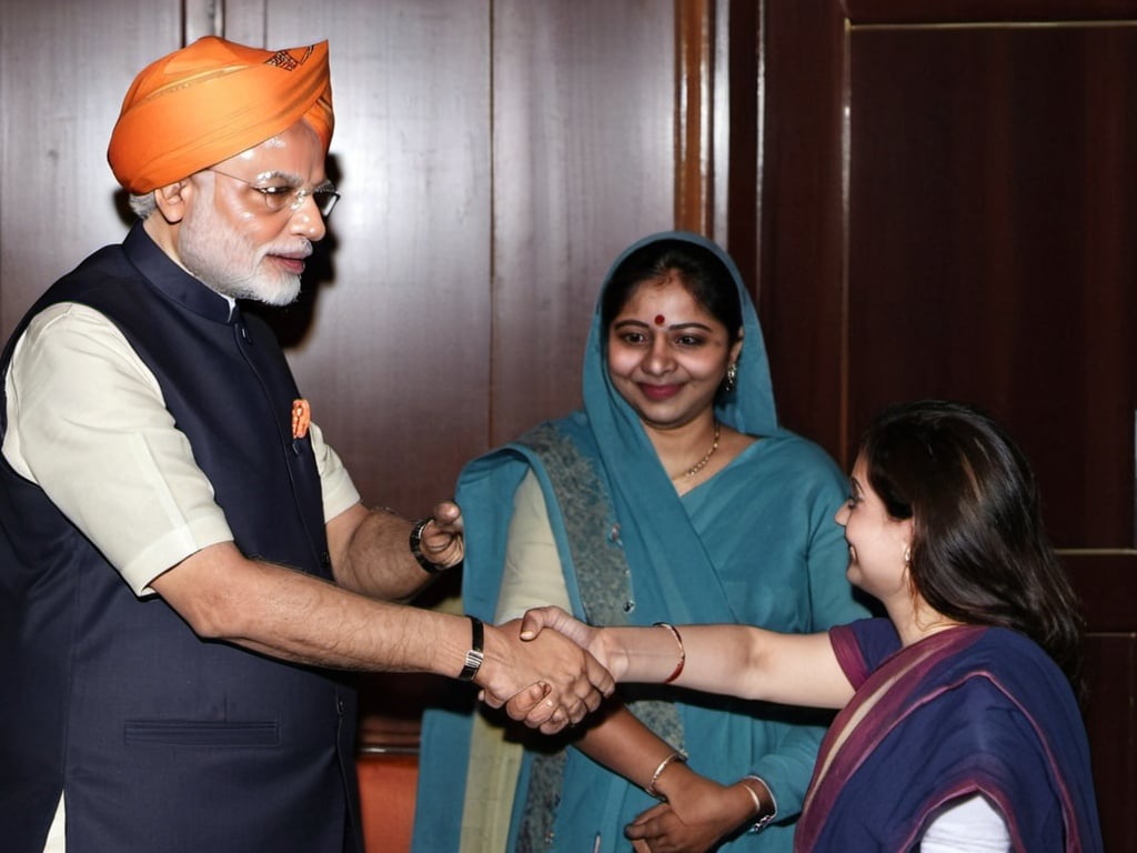 Prompt: Put the lady in the image shaking hands with narendra modi