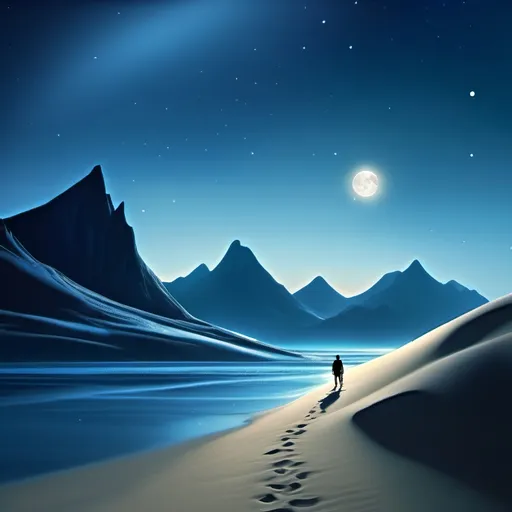 Prompt: Landscape with a person standing in front of a majestic mountain, under a starry sky, deep dark blue tones create a serene and tranquil atmosphere. Soft moonlight glints off calming waves nearby, illuminating footprints in the fine sand leading up to the mountain, adding a sense of mystery and adventure, ultra-detailed, high quality.