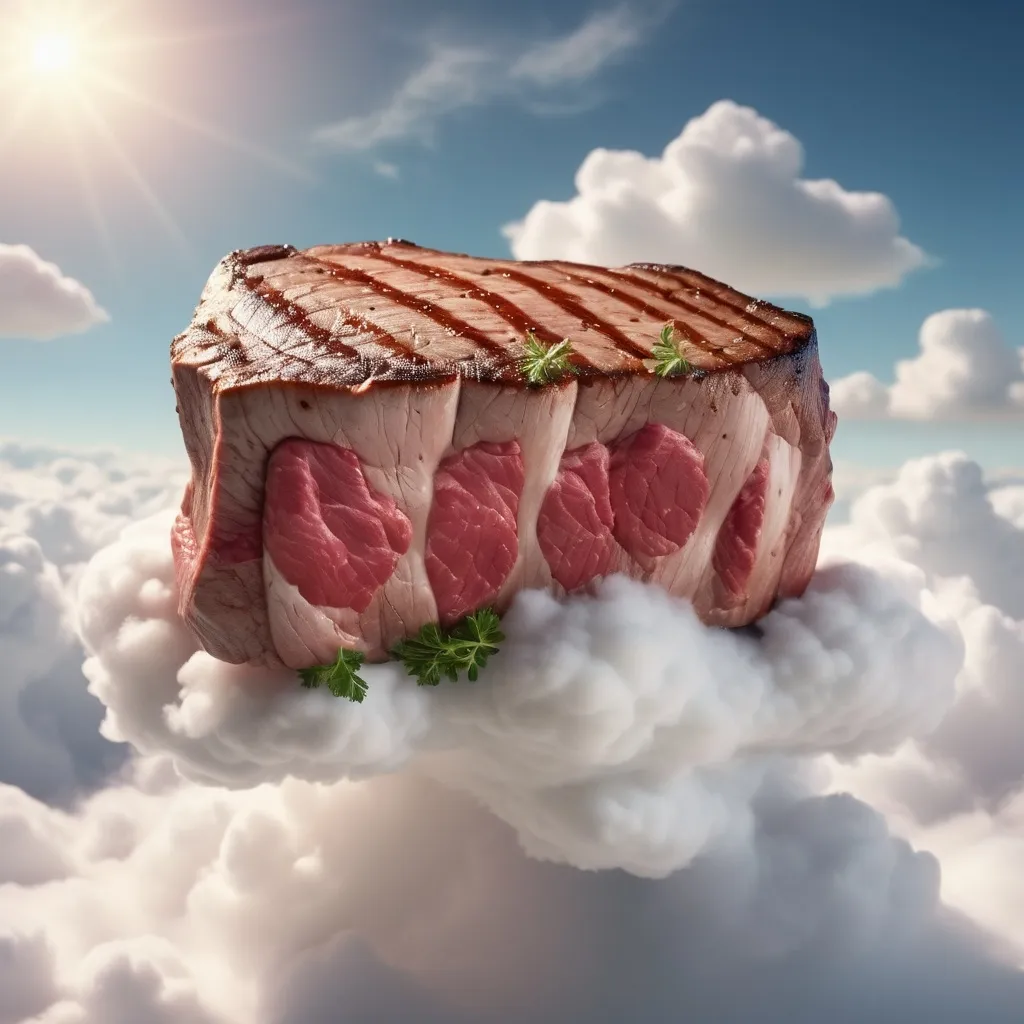 Prompt: (beef steak made of clouds), (whimsical), fantasy concept, fluffy white clouds,surreal atmosphere, ethereal lighting, high-quality, 4K, ultra-detailed, imaginative representation, serene and peaceful vibe, blending nature and culinary art, playful and creative expression.