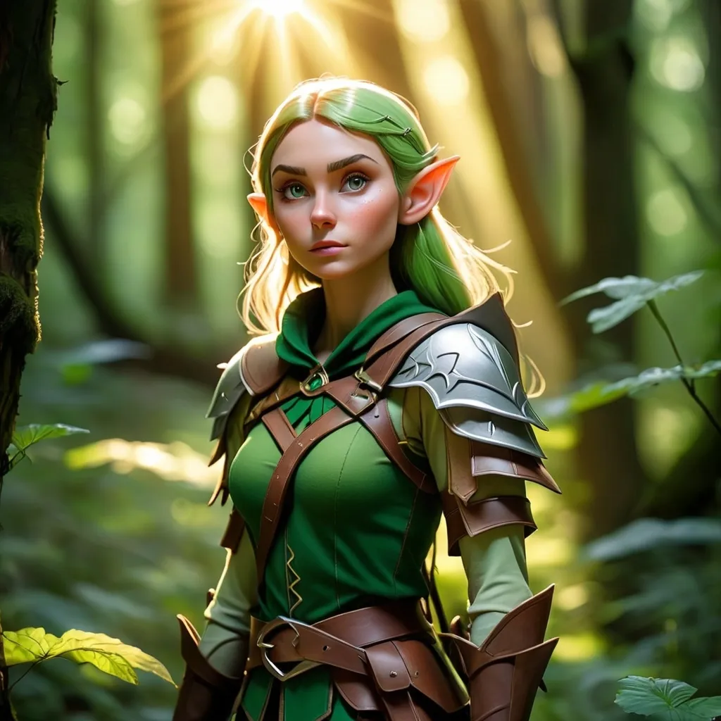 Prompt: Elf ranger in a mystical forest around sunlight