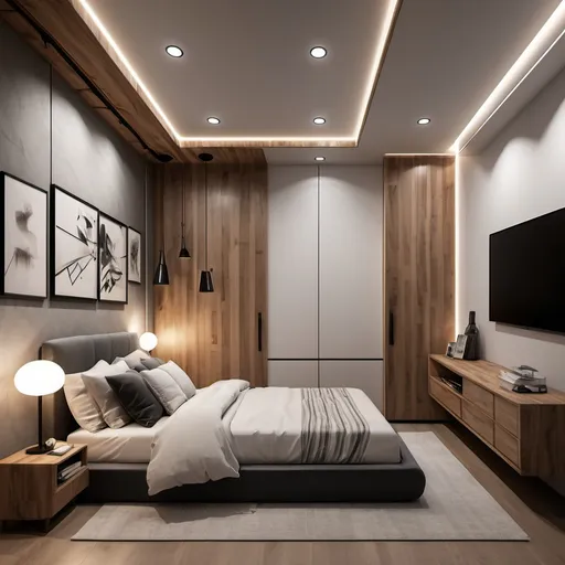 Prompt: create an image of an ultra modern bedroom having a size of 6 meters in width and 5 meters in depth. ceiling height is 3,2 meters with some ultra modern lighting . please make use of conrete and wood as the main materials
