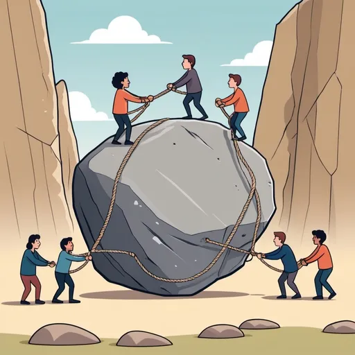 Prompt: A cartoon animated image style of a group of people pulling on a rope tied to a rock trying to move the rock by pulling in different directions. Make the people stand on the ground in front of the rock. Have the people facing the same direction away from the rock. 