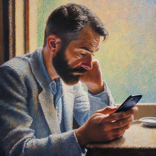 Prompt: A portrait of a man completely absorbed in his phone. His expression reflects obsession and disconnection from the real world, painted in the pointillism style of Claude Monet, with soft pastel colors.
