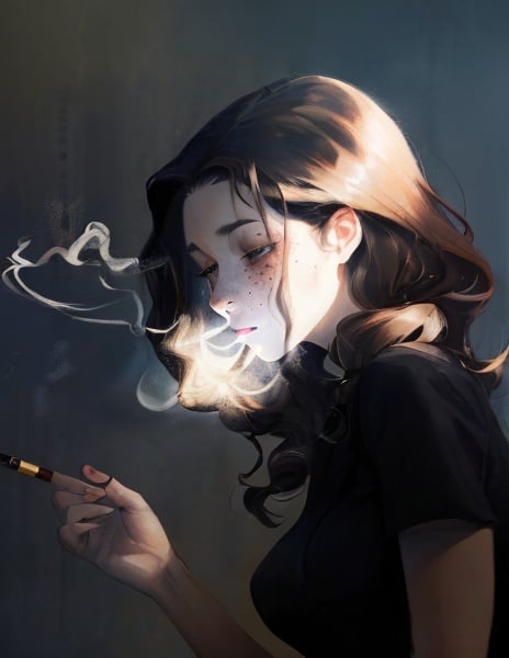 Prompt: A woman smoking. She has long curly brown hair and faint freckles