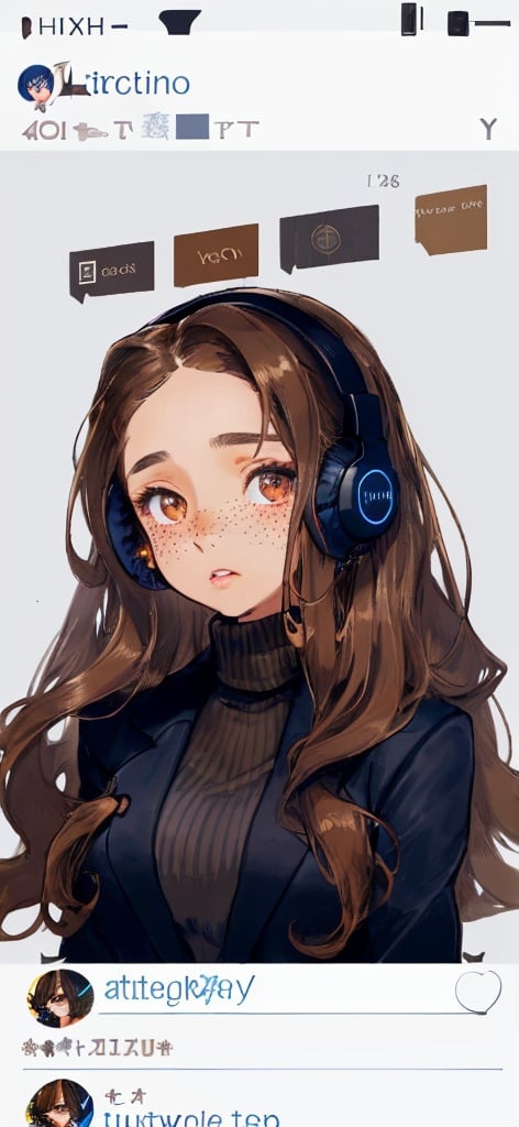 Prompt: A girl with long brown curly hair, faint freckles, brown eyes. She is wearing a chic, modern black blazer and a navy blue turtleneck underneath. She is wearing gaming headphones. Make the background blue, like the background of the app Discord