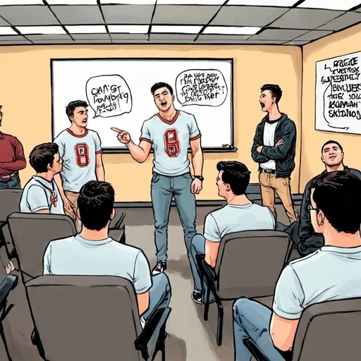 Prompt: Create an comic style single panel of a fraternity meeting, 2024 style college male trendy clothes and hair, all brothers 20-30yrs old sitting in chairs facing the front seeing the back of their heads, some of them are manspreading their legs, speaker at the front is also a college student and he is standing pointing to a whiteboard in the middle of talking, each frat guy has a unique style haircut and demeanour but they all still look put together